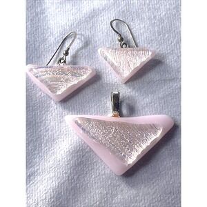 Art Glass Pink Dichroic Lampwork Dangle Earrings & Matching Pendant
